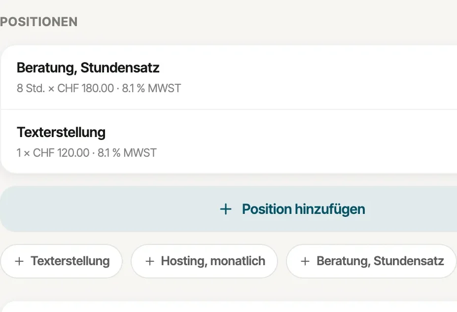 Rechnungseditor mit Stundenposition